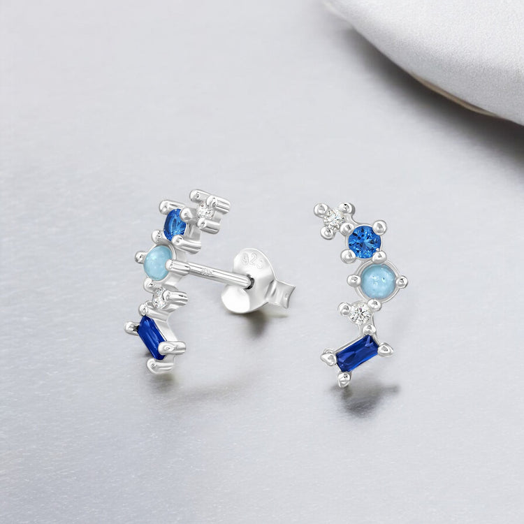 Blue Cluster Sterling Silver Ear Studs with Cubic Zirconia and Imitation Opal