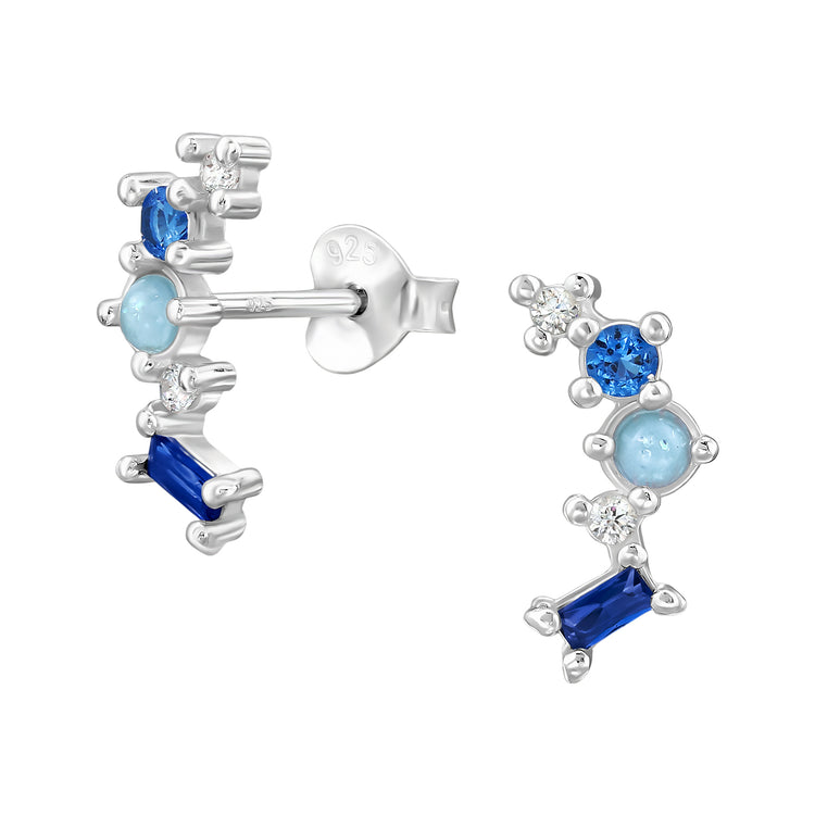 Blue Cluster Sterling Silver Ear Studs with Cubic Zirconia and Imitation Opal