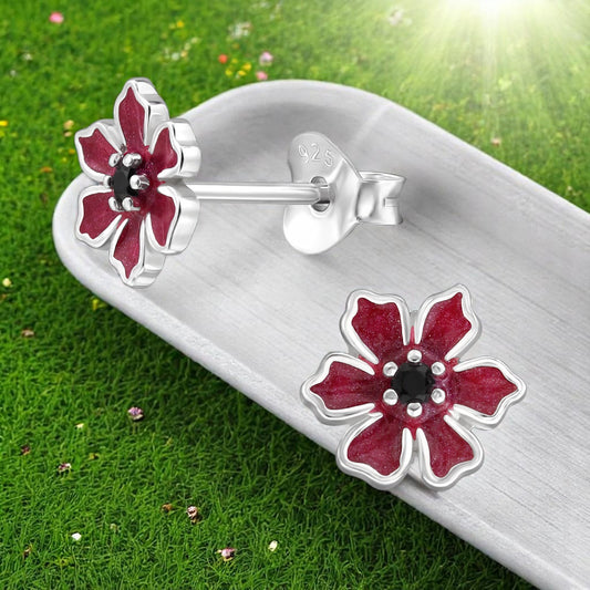 Winter Rose Sterling Silver Ear Studs with Black Cubic Zirconia and Epoxy