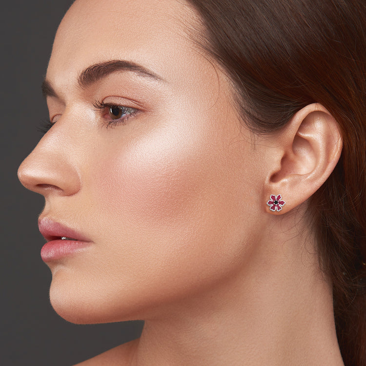 Winter Rose Sterling Silver Ear Studs with Black Cubic Zirconia and Epoxy