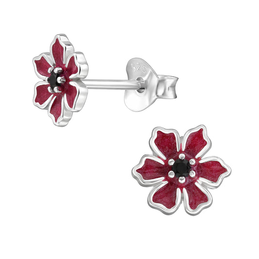 Winter Rose Sterling Silver Ear Studs with Black Cubic Zirconia and Epoxy