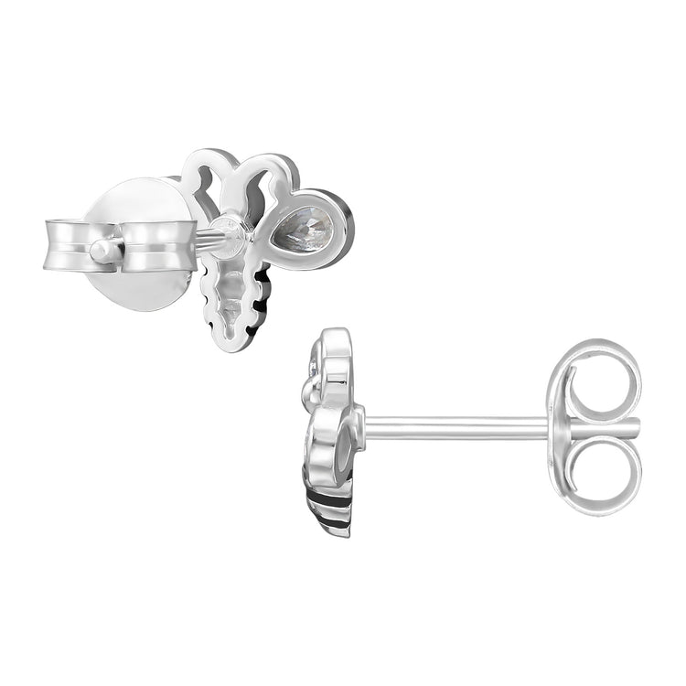 Bee Sterling Silver Ear Studs with White Cubic Zirconia and Black Epoxy