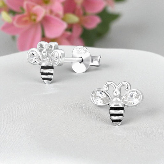 Bee Sterling Silver Ear Studs with White Cubic Zirconia and Black Epoxy
