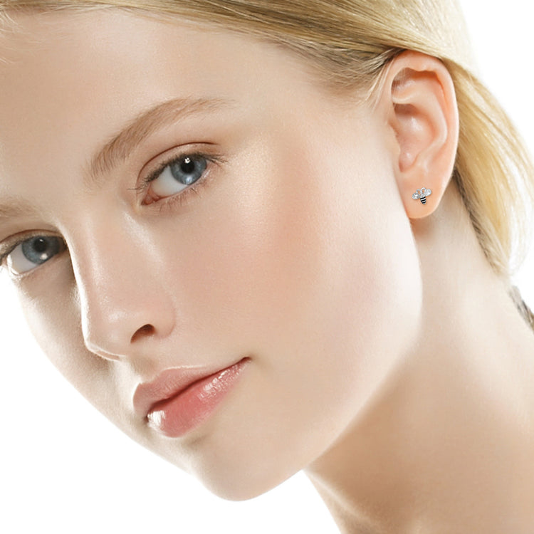 Bee Sterling Silver Ear Studs with White Cubic Zirconia and Black Epoxy