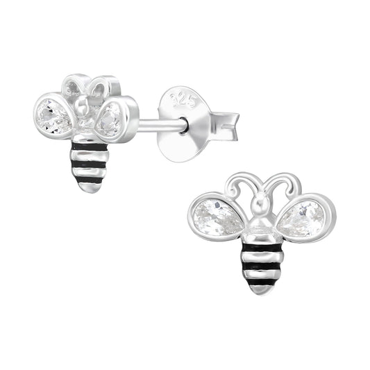 Bee Sterling Silver Ear Studs with White Cubic Zirconia and Black Epoxy