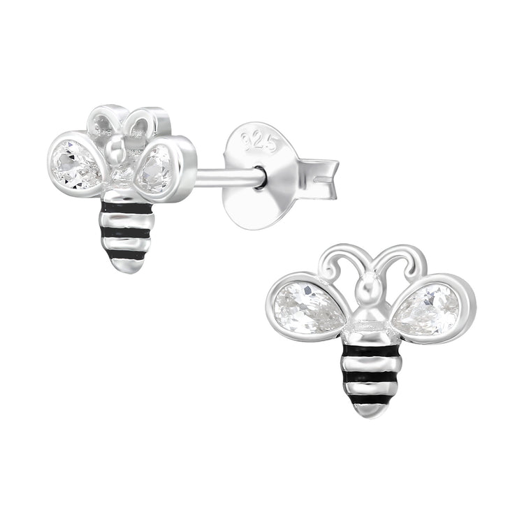Bee Sterling Silver Ear Studs with White Cubic Zirconia and Black Epoxy