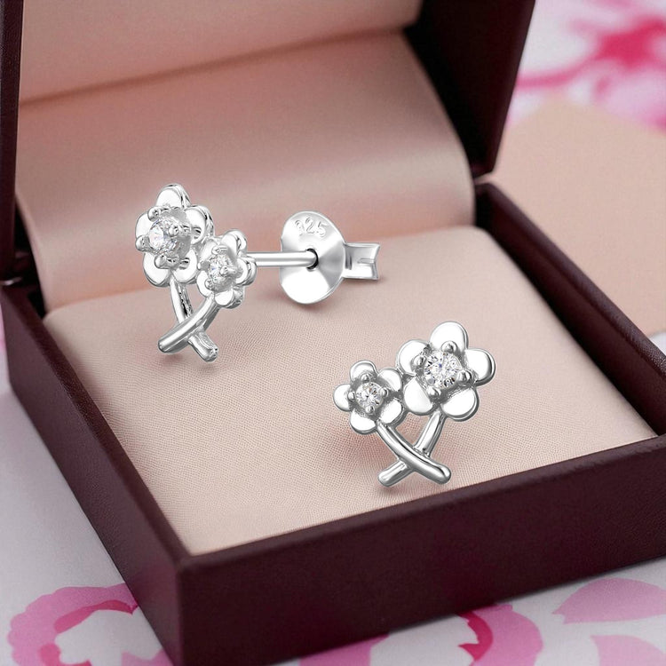 Five-Petal Flowers Sterling Silver Ear Studs with Cubic Zirconia
