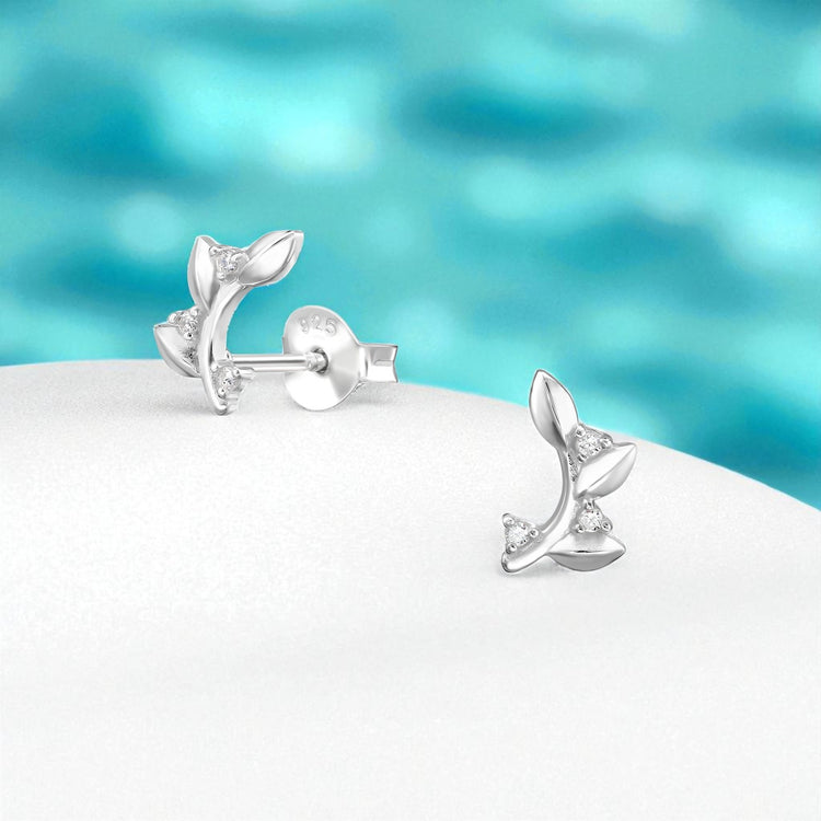 Leaf with Vine Motif Sterling Silver Ear Studs