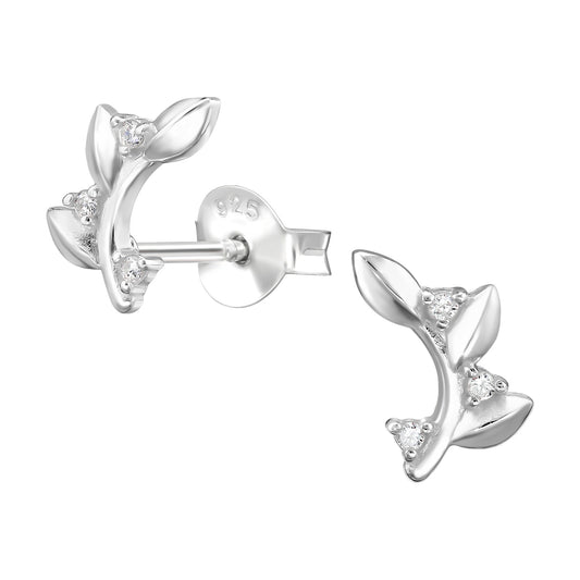 Leaf with Vine Motif Sterling Silver Ear Studs