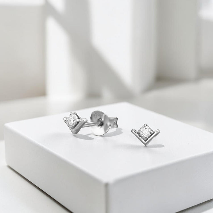 Chevron V-Shape Sterling Silver Rhodium Plated Ear Studs with Lab-Grown Diamond