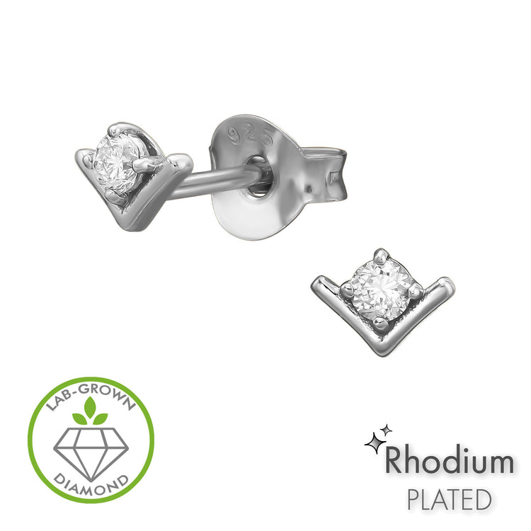 Chevron V-Shape Sterling Silver Rhodium Plated Ear Studs with Lab-Grown Diamond