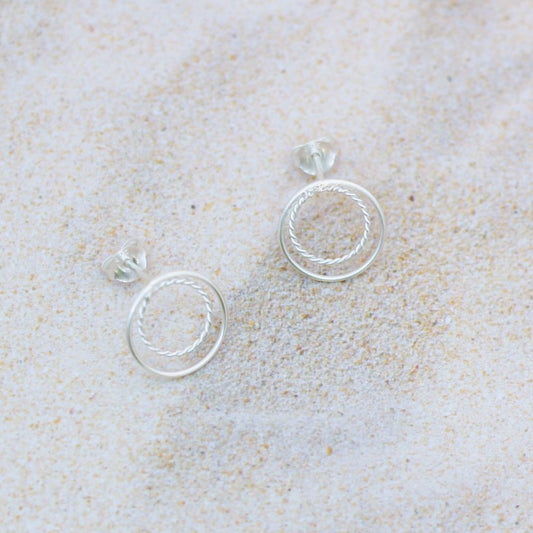 Silver Double Circle Stud Earrings