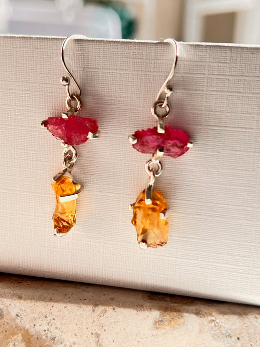 Ruby and Citrine Silver Earrings