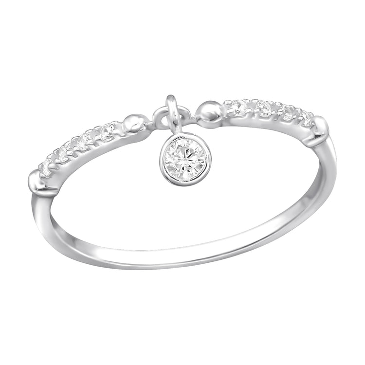 Sterling Silver Ring with Dangling Round Cubic Zirconia
