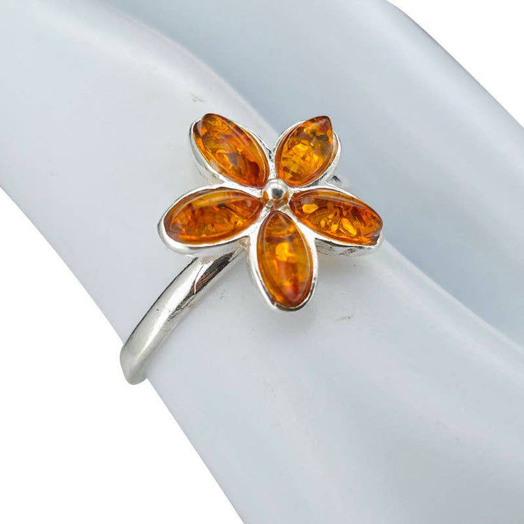 Cognac Amber Sterling Silver Flower Adjustable Ring