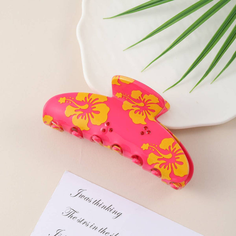 Hibiscus Flower Print Hair Claw, Tropical Summer Accessory: Pink