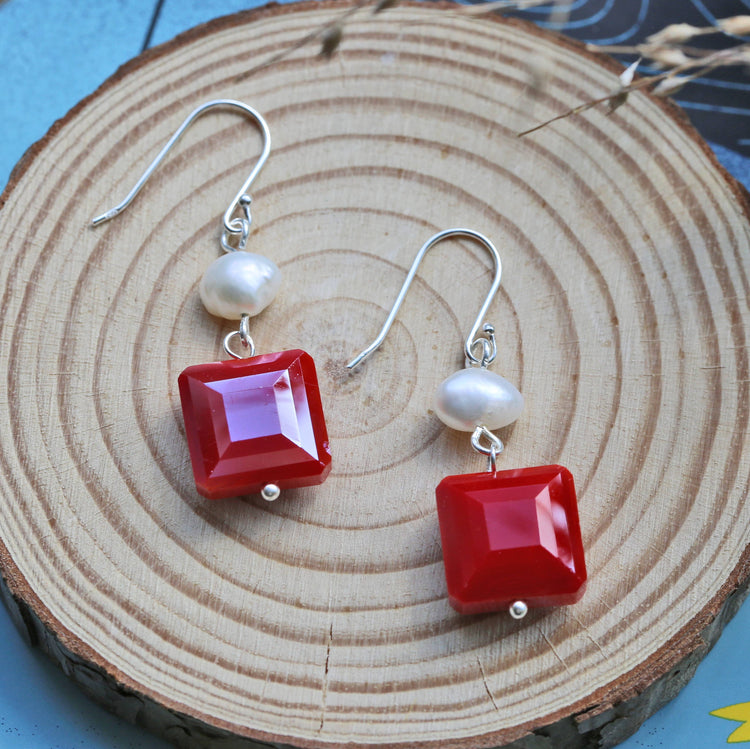 Red Crystals Drop Down Earrings