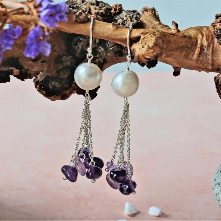 Amethyst and Pearl Long Earrings