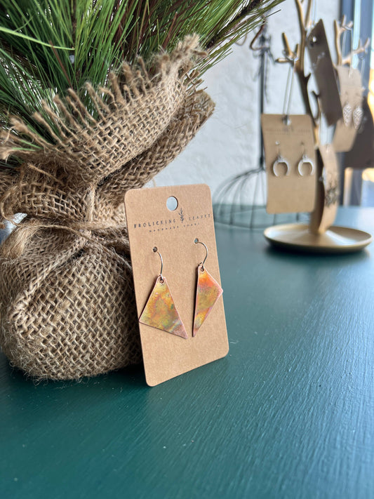 Fire Painted Copper Triangle Earrings: Sterling Silver Ear Wires