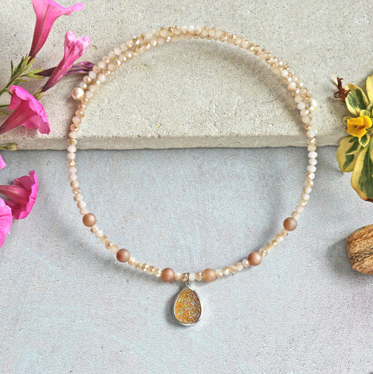 Peach Druzy Pendant Memory Wire Choker