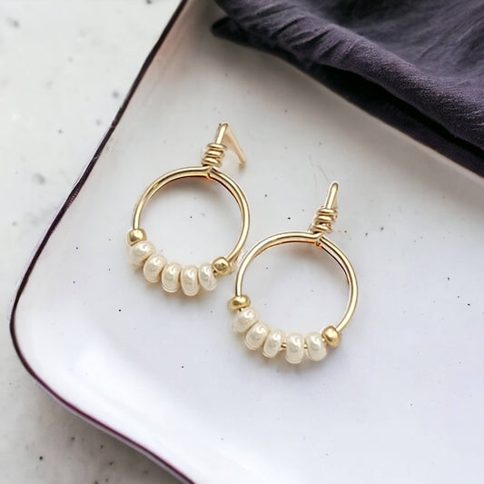 Gold & Pearl Lustre Beaded Hoop Stud Earrings