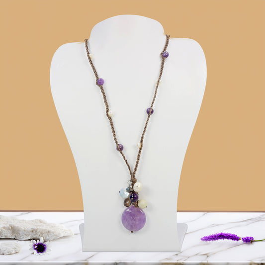 Amethyst pendant necklace- Brown Leather
