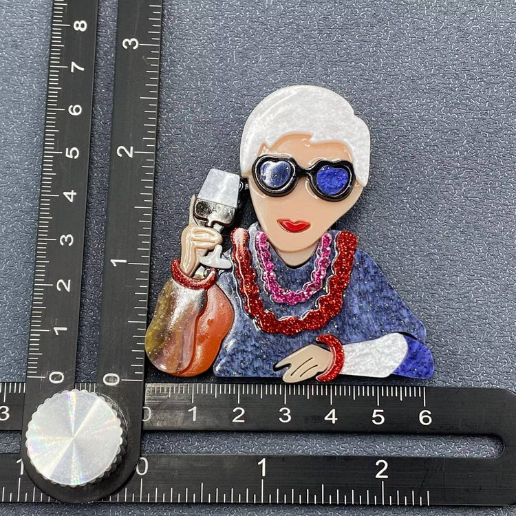 Drinking White-haired Lady Acrylic Brooch
