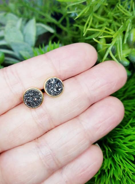 Druzy Quartz Stud Earrings Twilight Grey