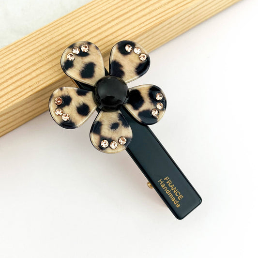 Leopard Print Rhinestone Flower Acetate Duckbill Clip