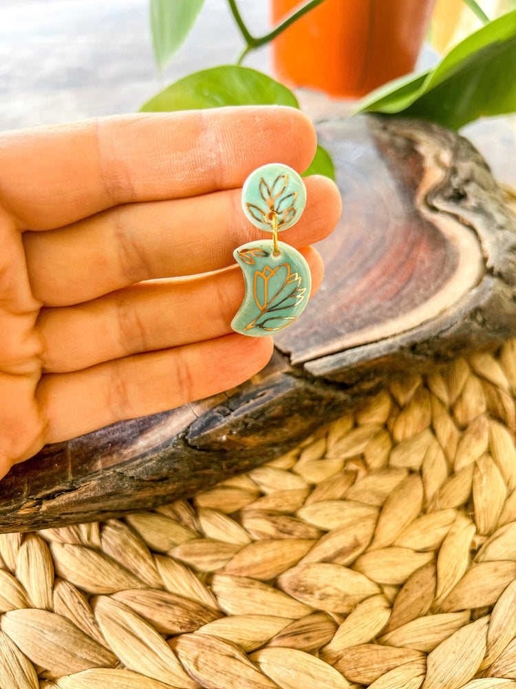 Floral Moon - Porcelain Earrings: Light Blue