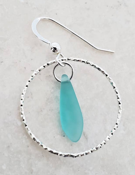 Silver Diamond Cut Eco Sea Glass Dagger Earrings - Turquoise