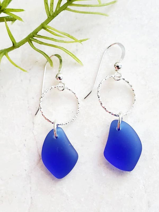 Silver Diamond Cut Sea Glass Pebble Earrings - Cobalt Blue