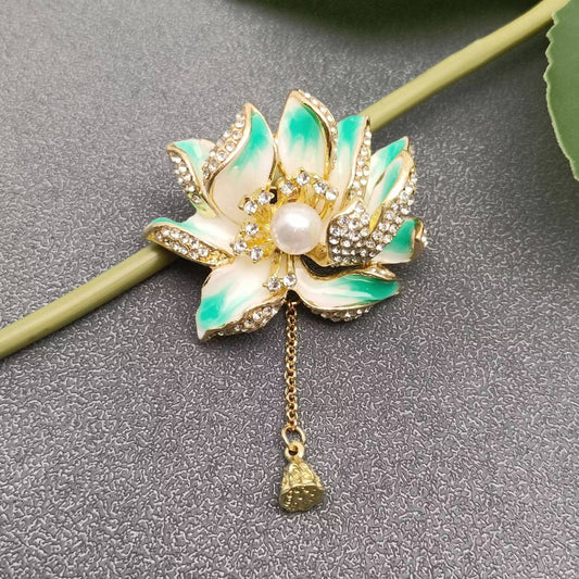 Enamel Lotus Brooch Inlaid with Rhinestone & Pearl