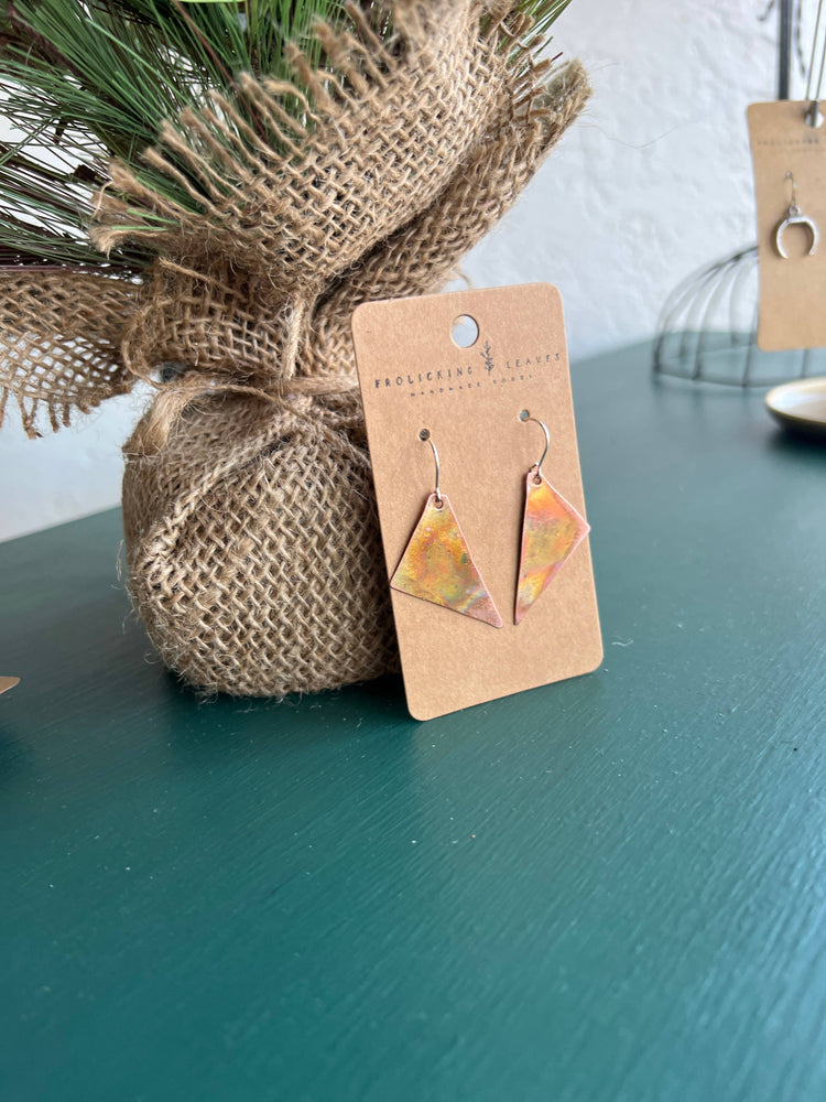 Fire Painted Copper Triangle Earrings: Sterling Silver Ear Wires