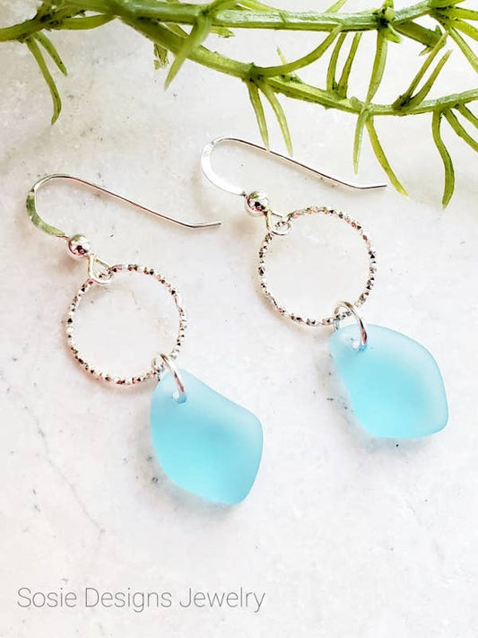 Silver Diamond Cut Sea Glass Pebble Earrings - Turquoise