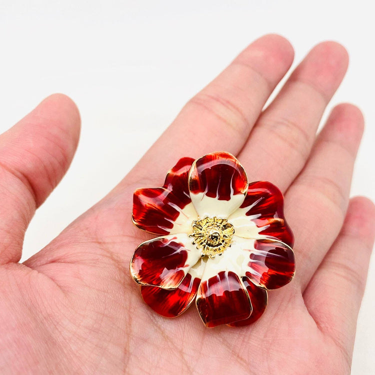 Vintage Enamel Big Flower Brooch: Red + White
