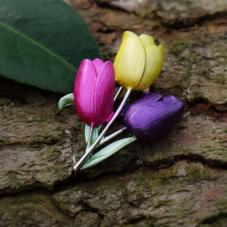 Tulip Yellow Pink and Purple Flower Brooch