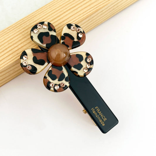 Leopard Print Rhinestone Flower Acetate Duckbill Clip: brown