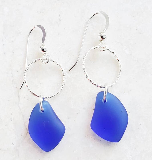 Silver Diamond Cut Sea Glass Pebble Earrings - Cobalt Blue
