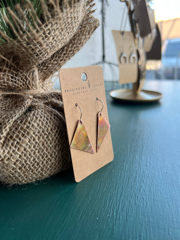 Fire Painted Copper Triangle Earrings: Sterling Silver Ear Wires