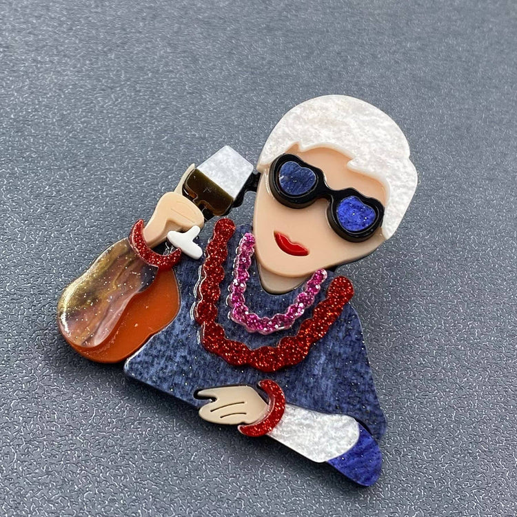 Drinking White-haired Lady Acrylic Brooch