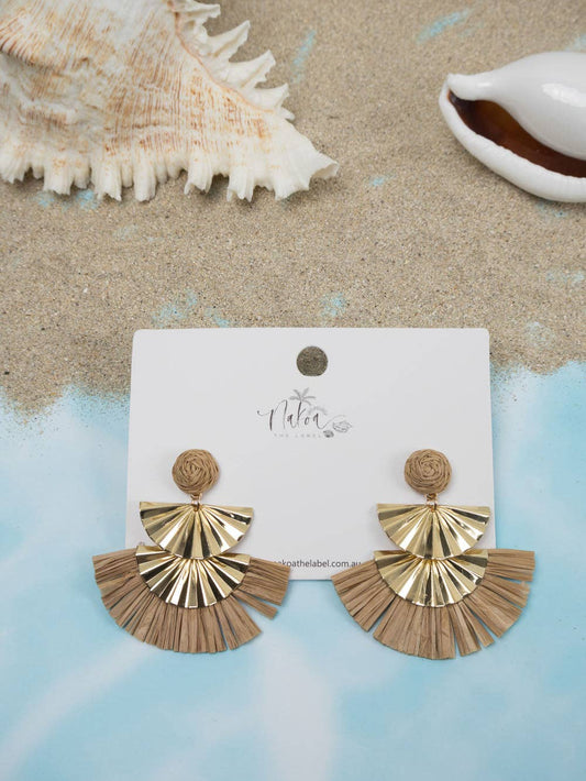 Geometric Gold & Raffia Earrings - Coffee