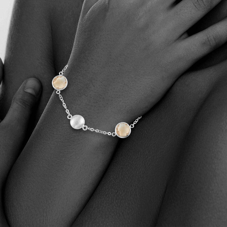 Sterling Silver Link Bracelet w/Satin Balls & Round Citrine