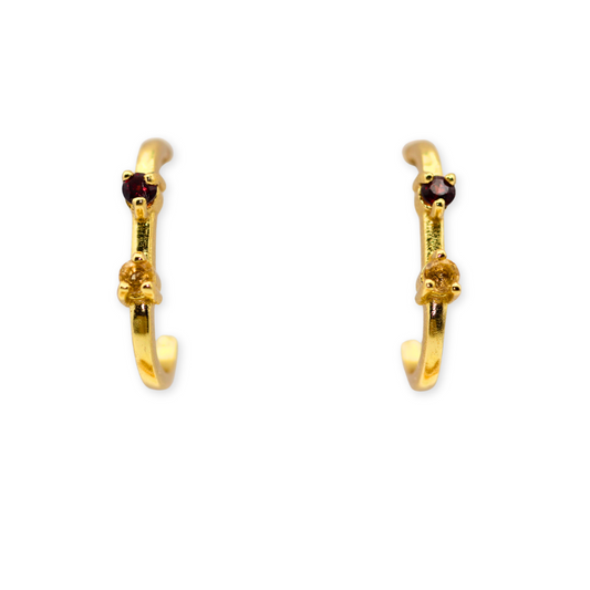 Minimalist Citrine and Garnet Semi Hoop